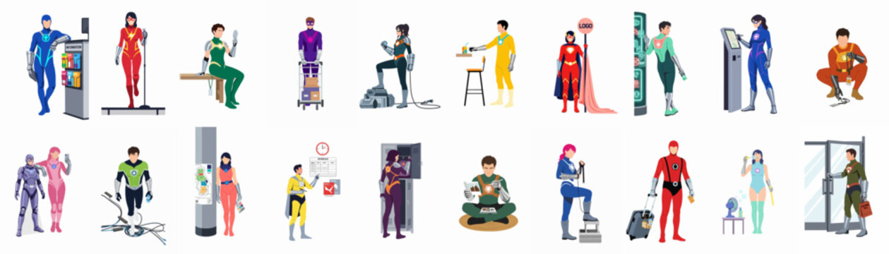 Set of flat vector illustrations featuring superheroes and futuristic characters performing various everyday tasks and professional activities.