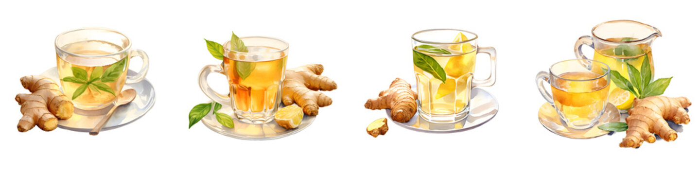 Assorted watercolor illustrations of ginger tea with ginger root and lemon slice on black backdrop