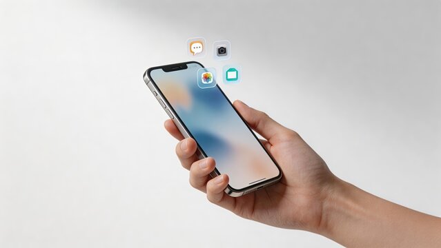 Hand holding a smartphone with floating app icons for messaging camera photos and notes symbolizing modern digital communication and technology on a clean white background