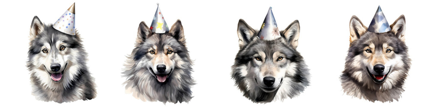 Four watercolor wolves wearing party hats arranged in a row on a black background