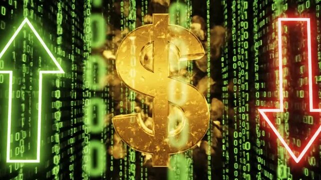 Financial concept with a gold dollar sign symbol, green binary code background, and glowing green upward and red downward arrows representing market volatility
