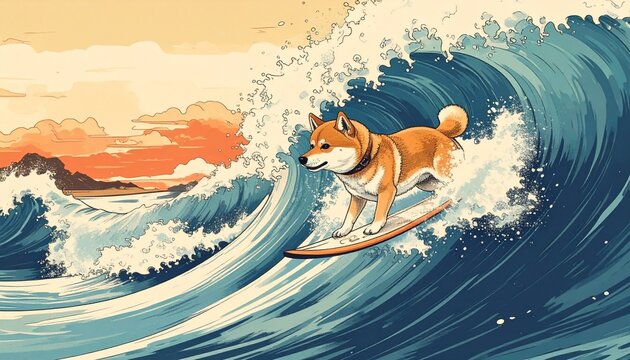 浮世絵風に描かれた柴犬がサーフボードで大波に乗る夕景のイラスト
