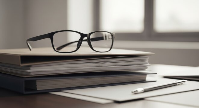 Black reading glasses rest on top of stacked office folders and documents on a desk.