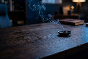 Obraz premium Thin wisps of smoke rising above a dark oak wooden table in a dimly lit moody workspace