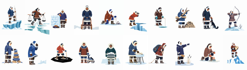 Flat vector illustrations of Arctic indigenous people engaged in traditional activities like ice fishing, hunting, and sledding in a snowy landscape. © Juan