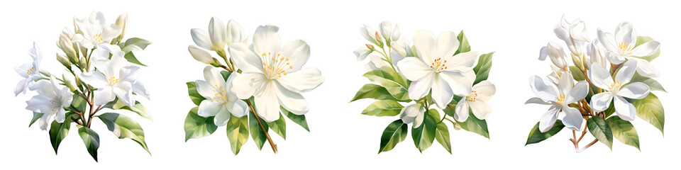 Naklejka premium Elegant white magnolia blossoms with greenery on a black background in watercolor style