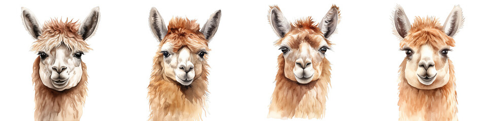 Fototapeta premium Watercolor illustration features four different llama heads in a row on a black background