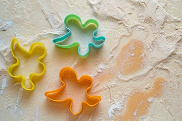 Fototapeta premium cookie cutters dough angel shape baking colorful plastic tools isolated on textured white background minimal food concept