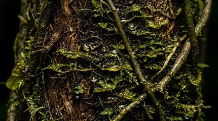 Fototapeta premium Macro Close-Up of Tropical Tree Bark Covered in Moss and Vines with Tactile 3D Texture