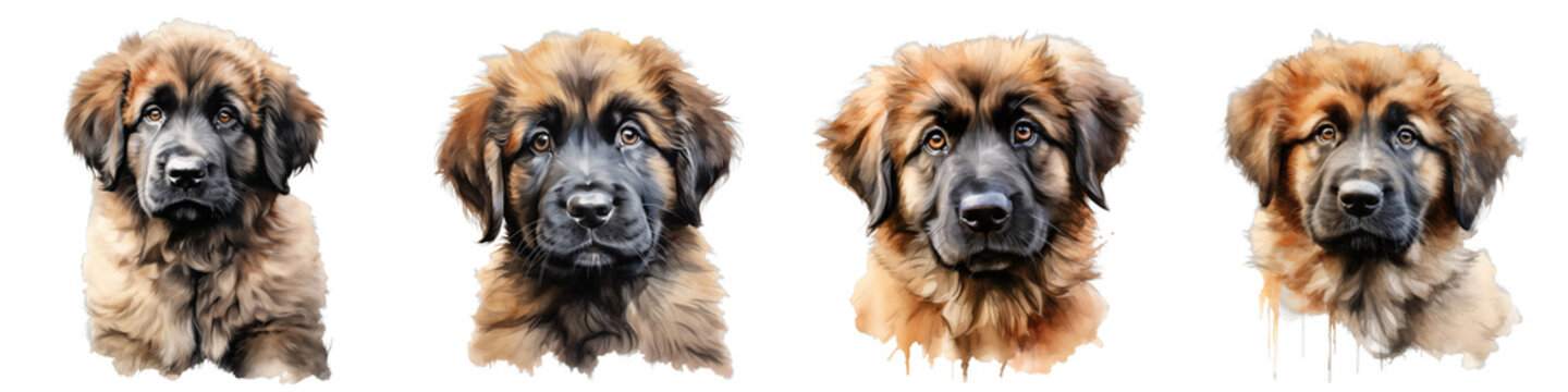 Digital watercolor painting of four leonberger puppies on a black background