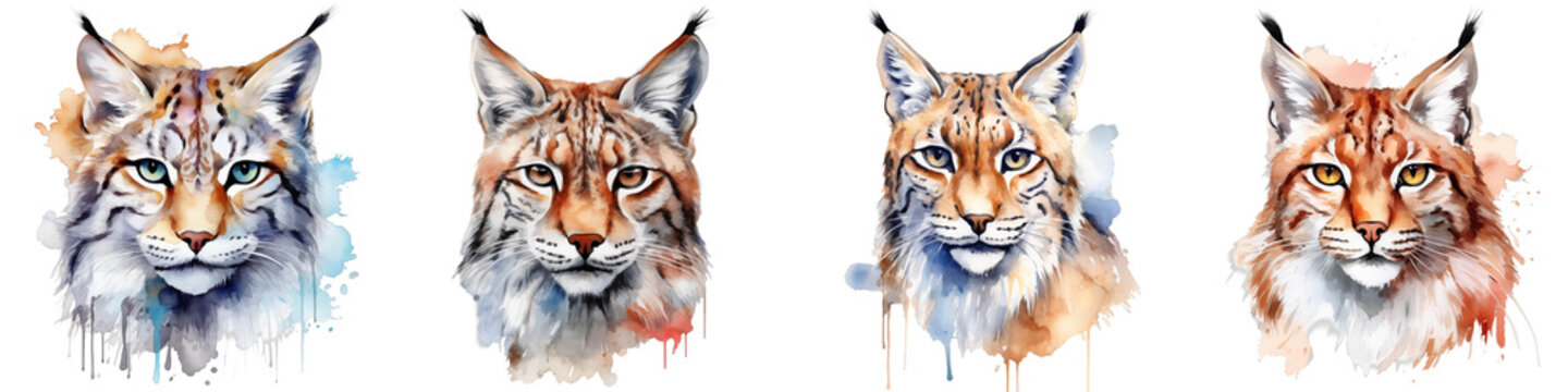 Watercolor collection featuring diverse bobcat portraits with striking eyes on a dark backdrop