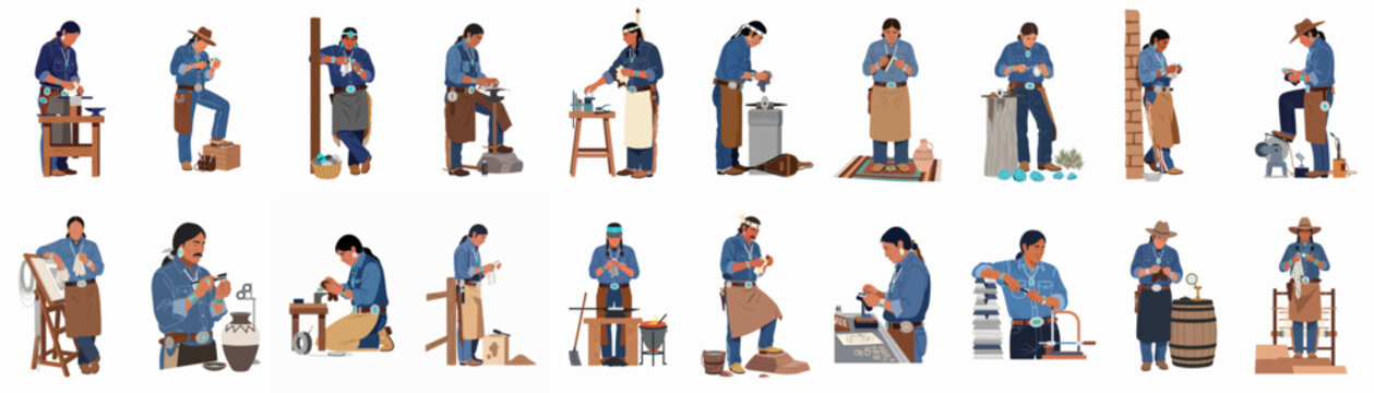 Illustrations of Native American artisans performing traditional crafts including jewelry making, pottery, and weaving, highlighting indigenous culture and manual craftsmanship.