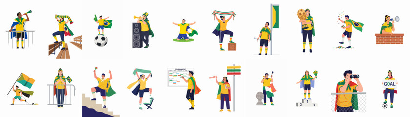 Collection of enthusiastic Brazilian soccer fans celebrating, cheering, and supporting their team with flags, trophies, and various fan gear. © Juan