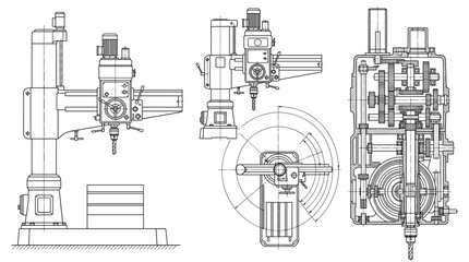 Obraz premium Drilling Machine Industrial Tool Technical Drawing Blueprint, Front Side Top and Internal Cross-Sectional Views Line Art Vector