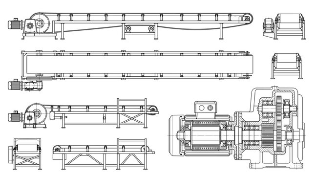 Industrial Conveyor Belt System Technical Drawing Blueprint, Front Side Top and Internal Cross-Sectional Views Line Art Vector
