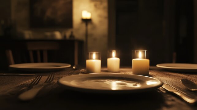 Intimate dining scene Candles illuminate a table set with plates and silverware