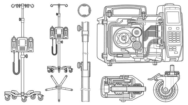 IV Stand Blueprint Technical Drawing with Front, Side, Top, Cross-Section Views, Line Art Vector