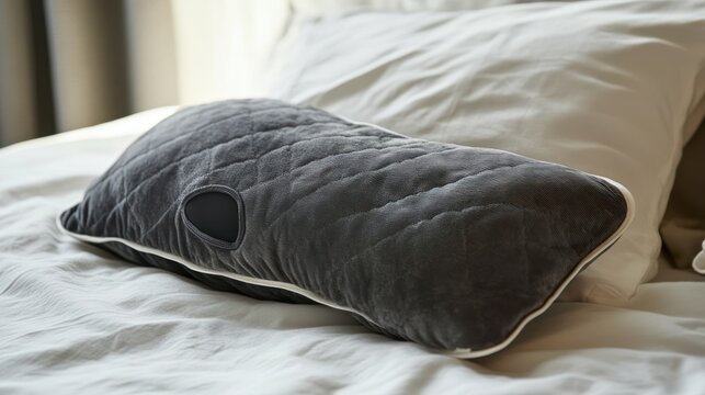 Luxurious grey pillow with a unique design rests on a bed with white bedding