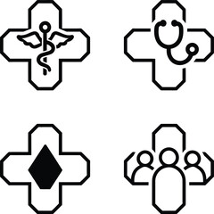 Obraz premium A modern collection of medical cross icons in bold line and solid style featuring caduceus, stethoscope, blood drop, and medical team symbols. Perfect for healthcare, hospitals, clinics, apps, UI desi