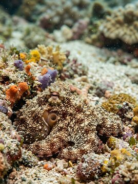 Close-up underwater shot of a camouflaged octopus hiding amongst coral and rocks on the seabed