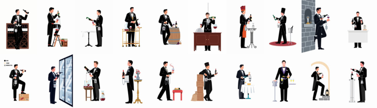 Flat vector collection of professional sommelier illustrations in various wine service and tasting poses, isolated on white background.
