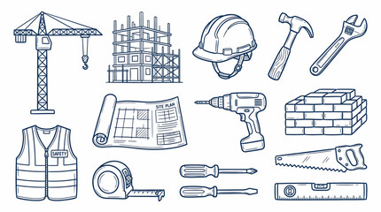 construction tools and building equipment doodle icon set hand drawn blue vector style © Mimo95