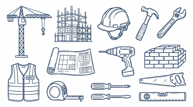 construction tools and building equipment doodle icon set hand drawn blue vector style