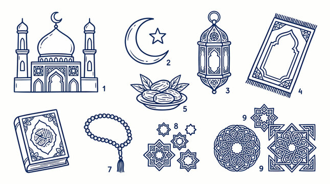 ramadan kareem and eid mubarak islamic doodle icon set hand drawn blue vector style