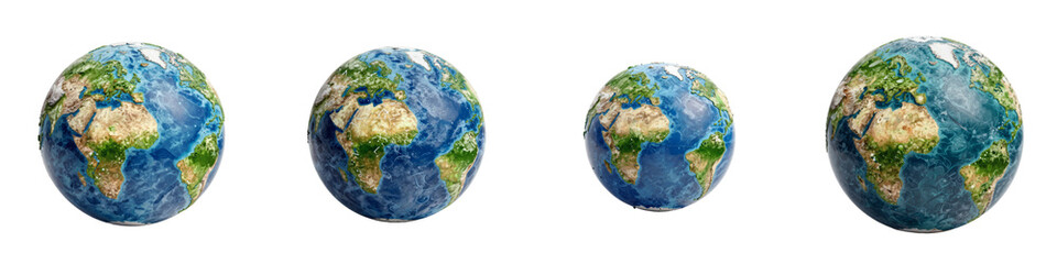 Fototapeta premium Set of globes showing earth with focus on different continents and levels of water