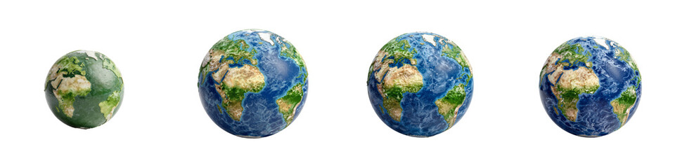 Fototapeta premium Evolution of the earth showing the planet with and without oceans and greenery