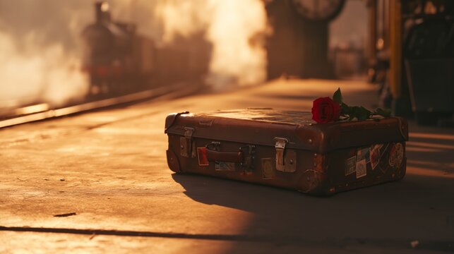 Warm light falls on a vintage suitcase