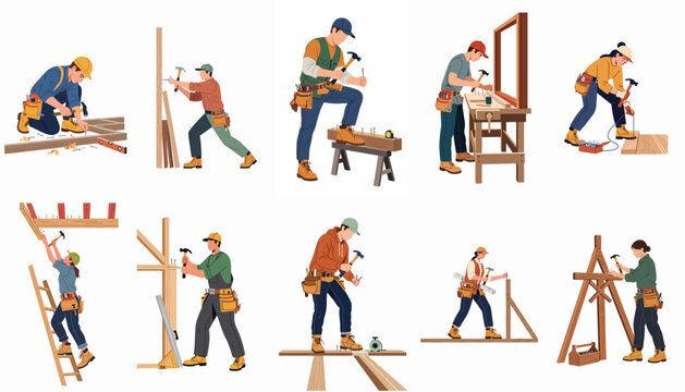 Collection of diverse carpenters and construction workers in various poses, using hammers and hand tools to build wooden structures, isolated on white background.