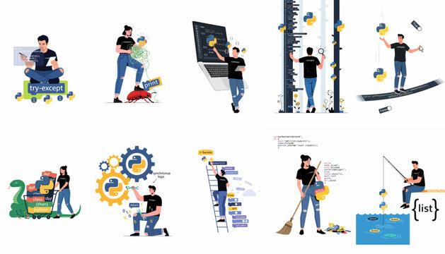 Flat Vector Illustrations of Developers Working with Python Programming Language Concepts like Coding, Debugging, and Problem Solving