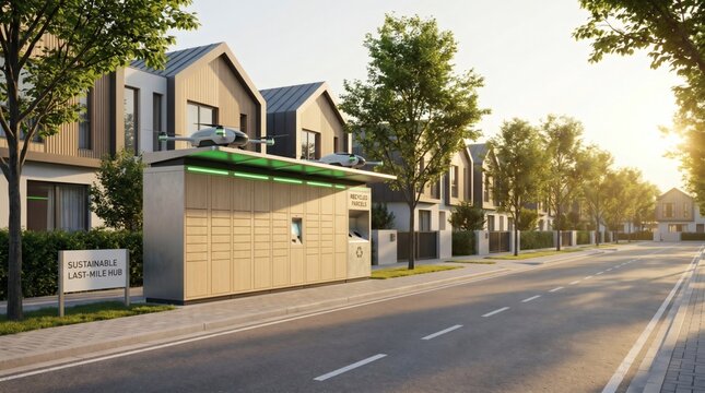 Drone delivery hub in modern eco-friendly neighborhood at sunset