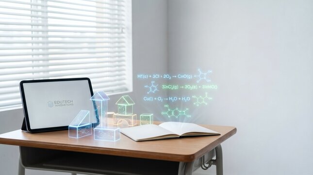 Futuristic classroom desk with holographic chemistry formulas and digital building blocks