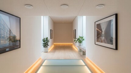 Fototapeta premium Modern Interior Hallway with Ambient Lighting and Artwork