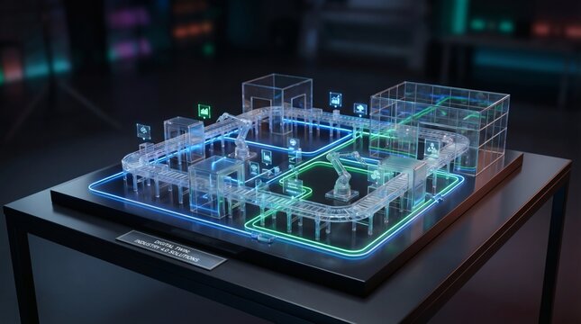 Digital twin factory model with robotic arms and conveyor belts