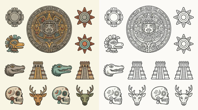 Collection of Aztec-inspired cultural symbols and icons, including the Aztec calendar, animal heads, skulls, and pyramids, presented in both color and line art.