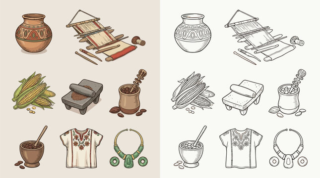 Collection of ancient tools and artifacts, including pottery, weaving loom, grinding stones, corn, and jewelry, presented in both color and outline versions.