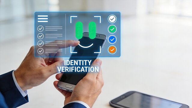 Identity verification on smartphone biometric face scan for secure login digital authentication concept cyber security fintech mobile banking user access control modern technology