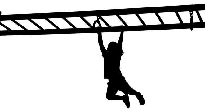 A silhouette of a person hanging from a horizontal ladder in a minimalist vector graphic design