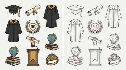 Collection of graduation-themed icons including academic regalia, diplomas, globes, books, podiums, and rings, presented in both color and outline versions. © renender