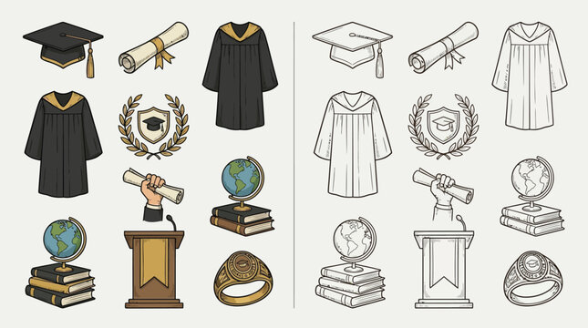 Collection of graduation-themed icons including academic regalia, diplomas, globes, books, podiums, and rings, presented in both color and outline versions.