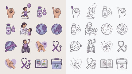 Obraz premium Collection of colorful and line art icons representing childhood cancer awareness, including a child running with a balloon, medical symbols, and support imagery.