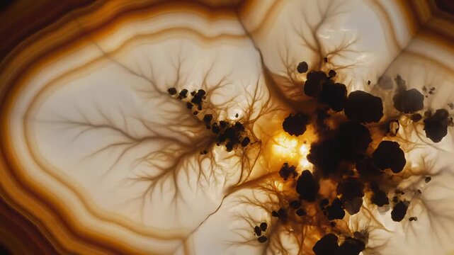 Macro View of Agate Slice With Dendritic Inclusions and Light Rays