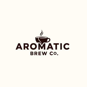 Aromatic Brew Co. logo with steaming coffee cup illustration.