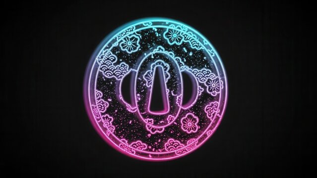 Vibrant neon Japanese tsuba glowing with intricate sakura and wave patterns on a dark digital canvas