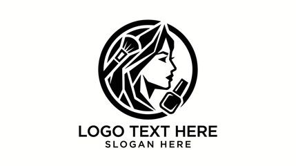 A striking black and white circular logo featuring a woman's profile with makeup brushes and nail polish, symbolizing beauty and cosmetics. © morph