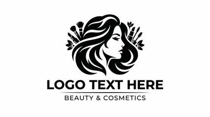 Obraz premium A black and white logo featuring a woman's profile with flowing hair surrounded by various makeup brushes and cosmetic tools, with 'BEAUTY & COSMETICS' text below.