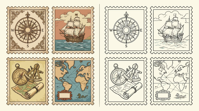 Collection of vintage postage stamps depicting nautical themes like compasses, sailing ships, maps, and navigational tools.